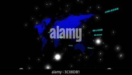 Displaying glowing blue world map on dark data dashboard, with floating numeric coordinates Stock Photo