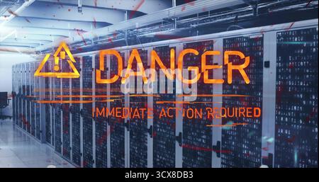 Displaying orange warning overlay covering rack aisle in data center, with network cables Stock Photo