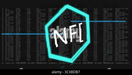 Displaying glowing teal hexagon frame containing pixelated NFT text on code grid, with code columns Stock Photo