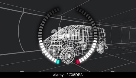 Displaying wireframe SUV model traveling through grid-lined tunnel, with 6 MPH speedometer overlay Stock Photo