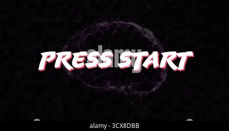 Displaying bold PRESS START text on digital interface, with purple brain network illustration Stock Photo