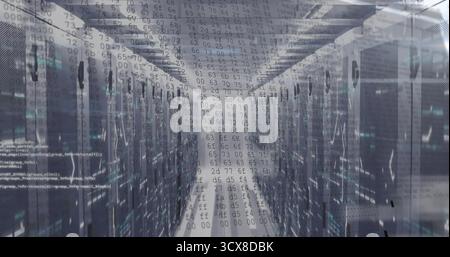 Displaying center aisle featuring server racks in data center hall, with LED lights and cable trays Stock Photo