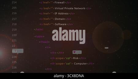 Displaying HTML code snippet in editor showing anchor tags select element table lens-flare overlays Stock Photo