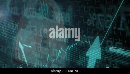 Displaying translucent padlock featuring keyhole overlaying data grid, flowing code and arrow chart Stock Photo