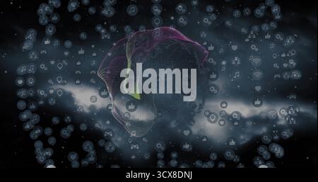 Displaying mesh sphere rotating in digital network, with floating social and media icons Stock Photo