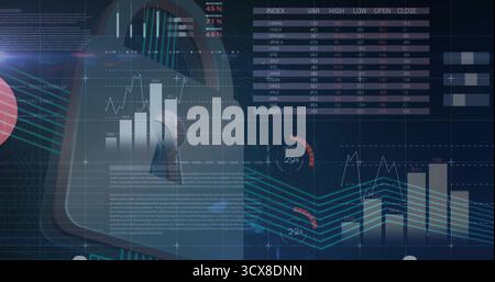 Displaying padlock icon showcasing bar chart on cybersecurity dashboard, with glowing lines Stock Photo