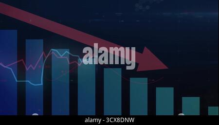Displaying dashboard with red downward arrow overlaying bar chart and line graph, on grid backdrop Stock Photo