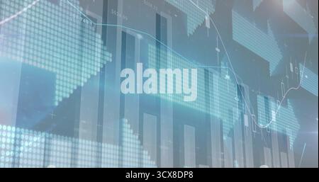 Displaying data visualization on dashboard screen, with bar charts, dotted world map and line graph Stock Photo