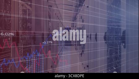 Showing server racks lining data center hallway, with digital line chart overlays and LED lights Stock Photo