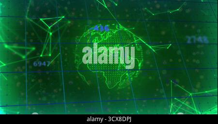 Displaying green wireframe globe on virtual dashboard, with grid and network nodes and numbers Stock Photo