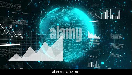 Displaying holographic globe rotating over digital grid, with area and line charts, data points Stock Photo