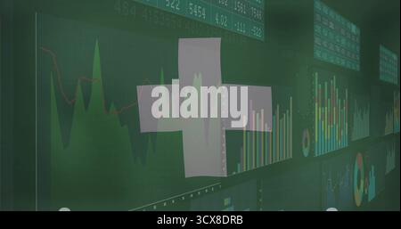 Displaying semi-transparent Swiss cross overlaying analytics dashboard, with charts, numeric ticker Stock Photo