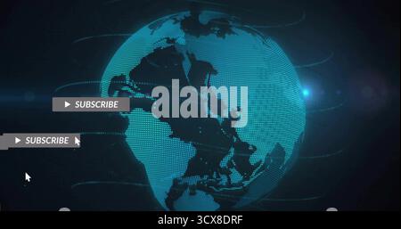 Displaying dotted globe with cyan dots in UI with subscribe overlays, cursor arrow, data streams Stock Photo