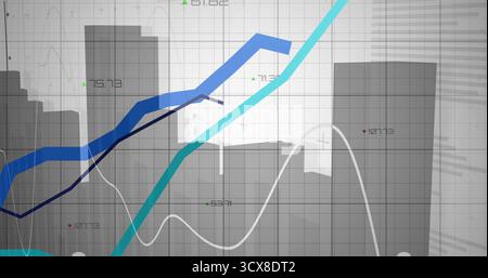 Displaying numeric labels on ascending vivid line graphs over grey skyline grid on data dashboard Stock Photo