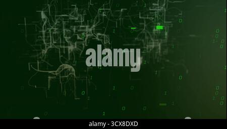 Displaying network pattern in data space, showing binary digits circuit lines and green highlights Stock Photo