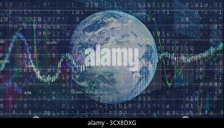 Displaying planet Earth rotating in virtual analytics hub, with binary code and financial charts Stock Photo