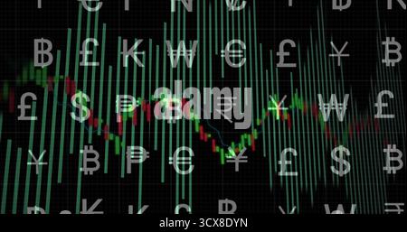 Displaying candlestick chart and currency symbols on trading platform, with grid lines, green bars Stock Photo