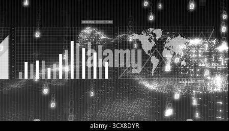 Displaying dashboard on screen with bar chart, timecode stamp and world map grid overlay Stock Photo