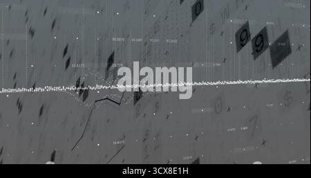 Displaying white dotted waveform spanning dashboard, with numeric clusters, grid, chart lines Stock Photo