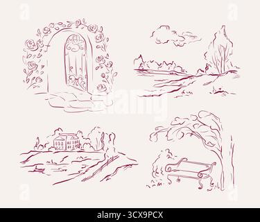 Whimsical line art set with flower arch, park bench, manor house, and river landscape. Quickly sketched vector illustration for wedding stationery Stock Vector