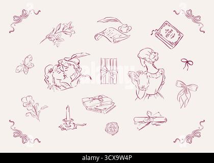 Lovers, reading girl, books, letters, ink bottle, feather, wax seal, bows, flowers, butterfly. Whimsical quickly sketched line art set. Vintage vector Stock Vector