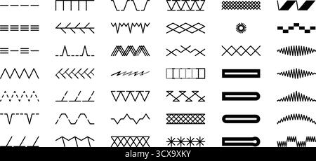 Types of sewing stitches and embroidery patterns. Machine thread textures. Set of zigzag and overlock elements, repeating ornament for fabric. Stock Vector
