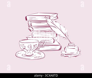 Stack of vintage books with inkwell, quill, and teacup in whimsical quickly sketched line art. Vector illustration for bookish decor, reading themes Stock Vector