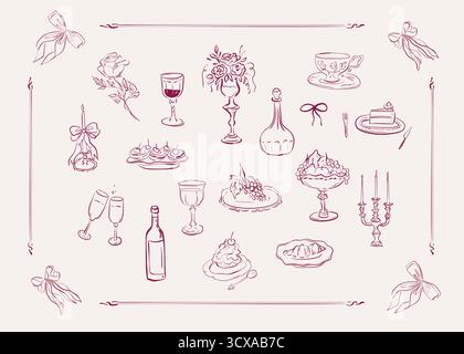 Wine, glasses, candles, desserts, fruit, flowers, tableware. Whimsical line art collection. Vintage bow frame. Quickly sketched vintage vector Stock Vector