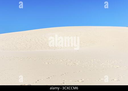 Blue sky, sunshine and a light breeze create breathtaking patterns on the sand of a dune. Landscape shot with waves and patterns in the sand of the Du Stock Photo