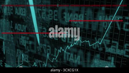 Displaying cyan dotted trend line on screen with red markers, grid lines, alphanumeric overlays Stock Photo