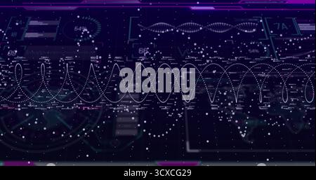 Displaying central dotted waveform on holographic dashboard, with gauge, bar charts, numeric labels Stock Photo