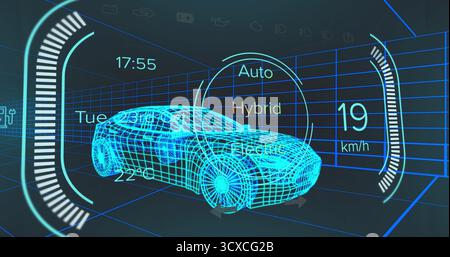 Displaying neon blue 3D wireframe car in grid UI, with gauge bars, drive-mode selector and readouts Stock Photo