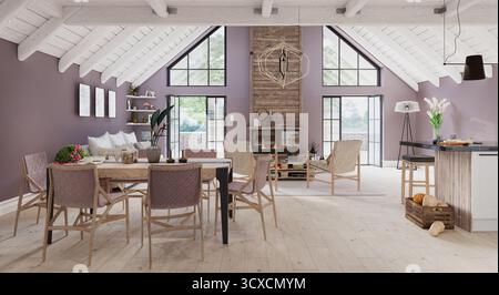 3d rendering image of a spacious open-plan living room with a vaulted ceiling and rustic fireplace. Stock Photo
