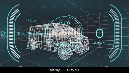 Displaying 3D wireframe van model rotating within dark grid space, with HUD overlays Stock Photo