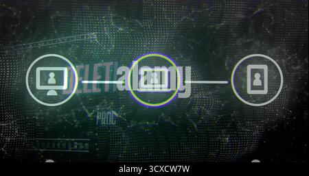 Connecting desktop, laptop, and phone icons with lines in digital network, world map overlay, grid Stock Photo