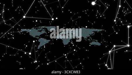 Displaying dotted cyan world map linking white glowing nodes and lines on digital network display Stock Photo