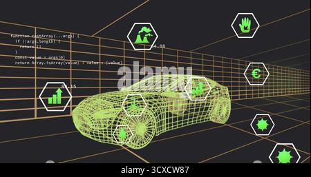 Displaying lime-green wireframe car model in 3D grid corridor, with hex icon overlays, code snippet Stock Photo