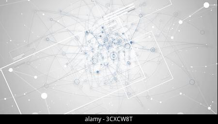 Displaying central network node cluster pulsing in digital space, with nodes and translucent frames Stock Photo