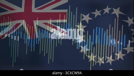 Displaying graphic combining Union Jack flag, EU star circle, colorful data bars on navy background Stock Photo