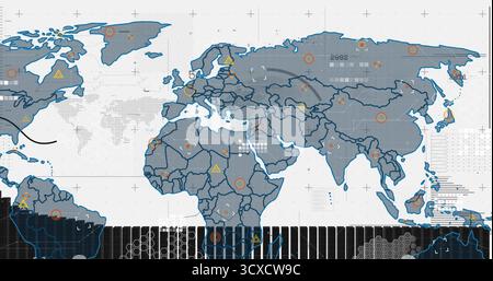 Displaying stylized world map at digital interface, with warning triangles and numeric overlays Stock Photo