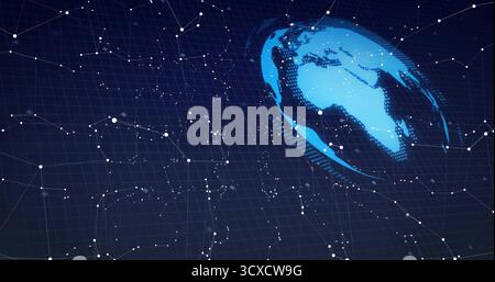 Floating stylized blue Earth globe glowing over dark grid with white nodes and lines, copy space Stock Photo