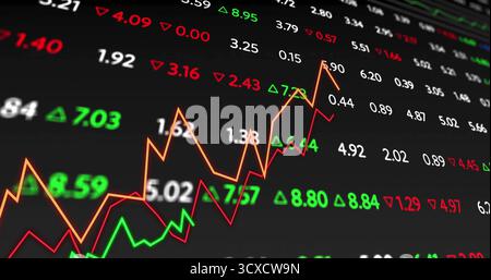Market chart displaying colored trends on trading monitor with numeric values and arrows Stock Photo