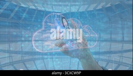 Displaying human hand holding blue cloud icon in dome hall, with holographic woman wearing headset Stock Photo