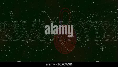 Hovering red padlock icon over white dotted sine waves in green cyberspace, with glowing particles Stock Photo