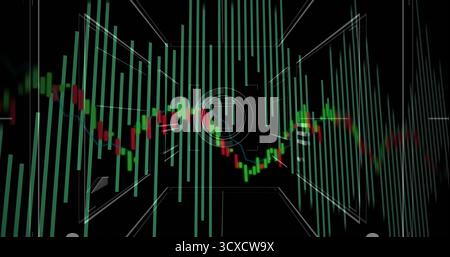 Displaying candlestick chart with histogram bars scrolling over grid on dashboard, with HUD reticle Stock Photo