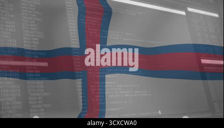 Displaying Icelandic flag overlay on code editor on monitor showing programming code on desktop Stock Photo