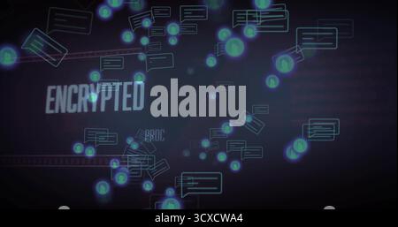 Displaying chat bubbles, green icons and connecting lines on dark screen, showing ENCRYPTED text Stock Photo