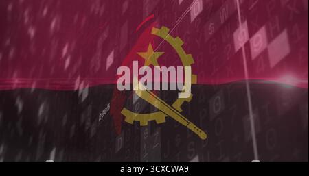 Displaying Angolan flag emblem amid code network, binary and alphanumeric data, glowing blocks Stock Photo