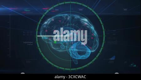 Displaying holographic 3D brain floating in control system UI, with green reticle and pink markers Stock Photo