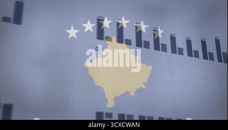 Displaying yellow silhouette of Kosovo on dashboard with white stars, bar charts, numerical labels Stock Photo